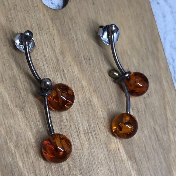 Vintage artisan handcrafted sterling silver amber earrings berry cluster bead - Picture 2 of 5